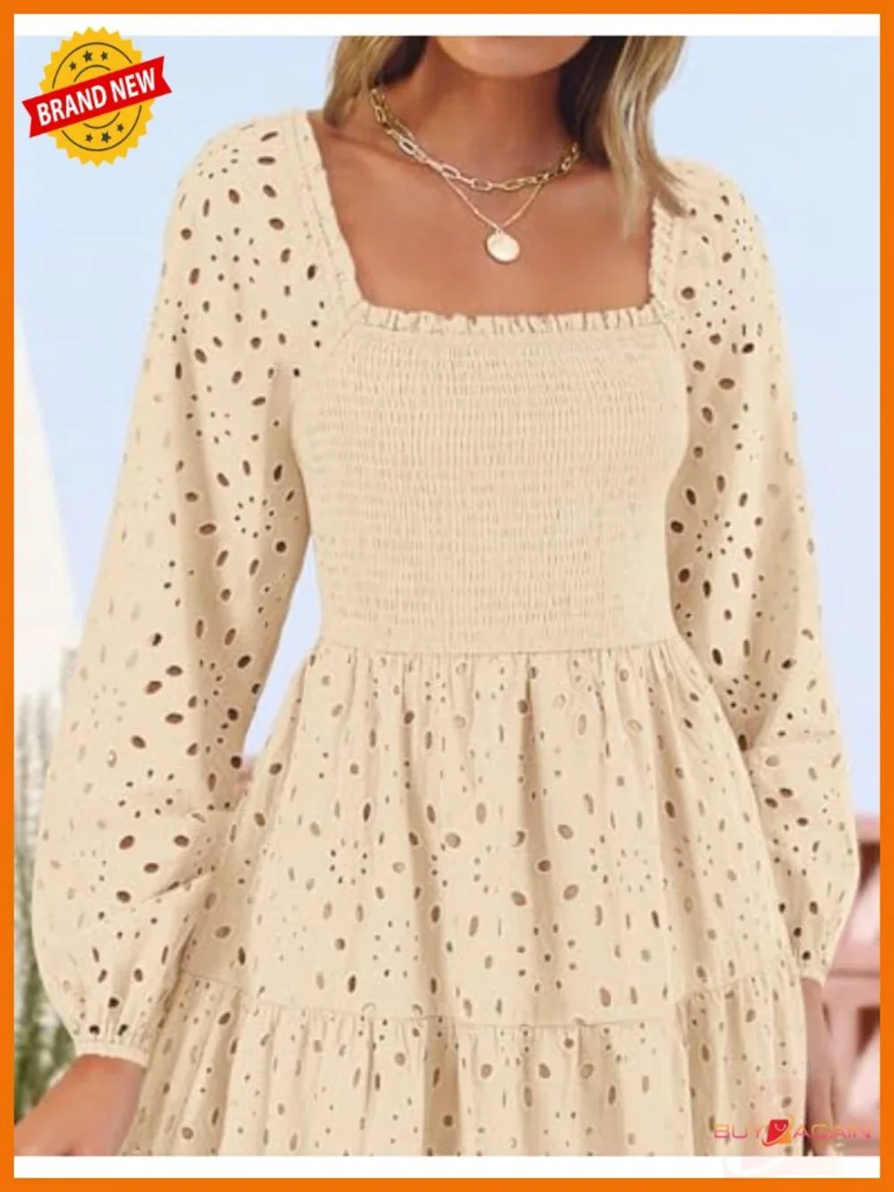 Eyelet Long Sleeve Maxi Dress Smocked Waist Tiered A-Line